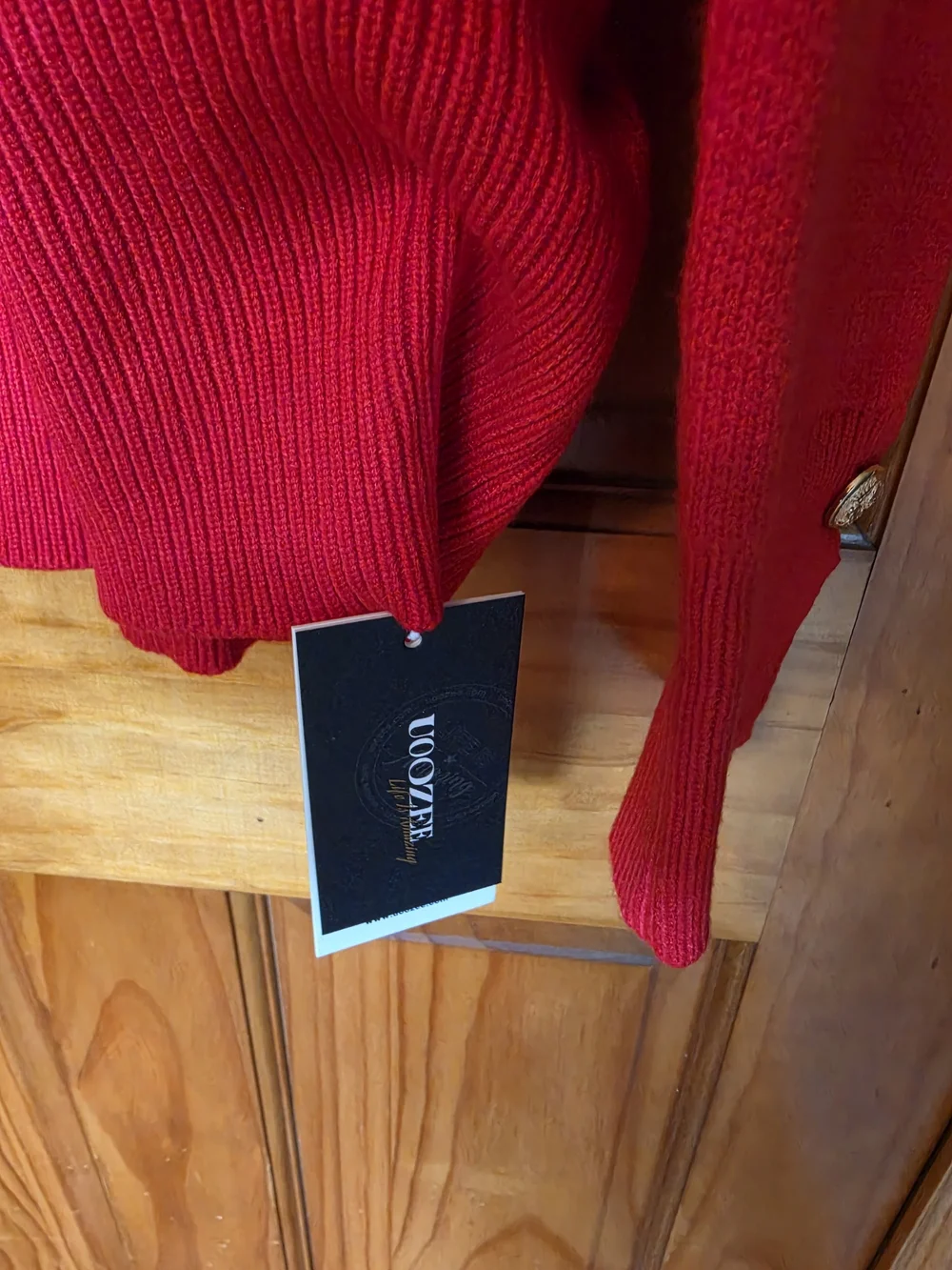 Red Ribbed Turtleneck Sweater with Button Detail